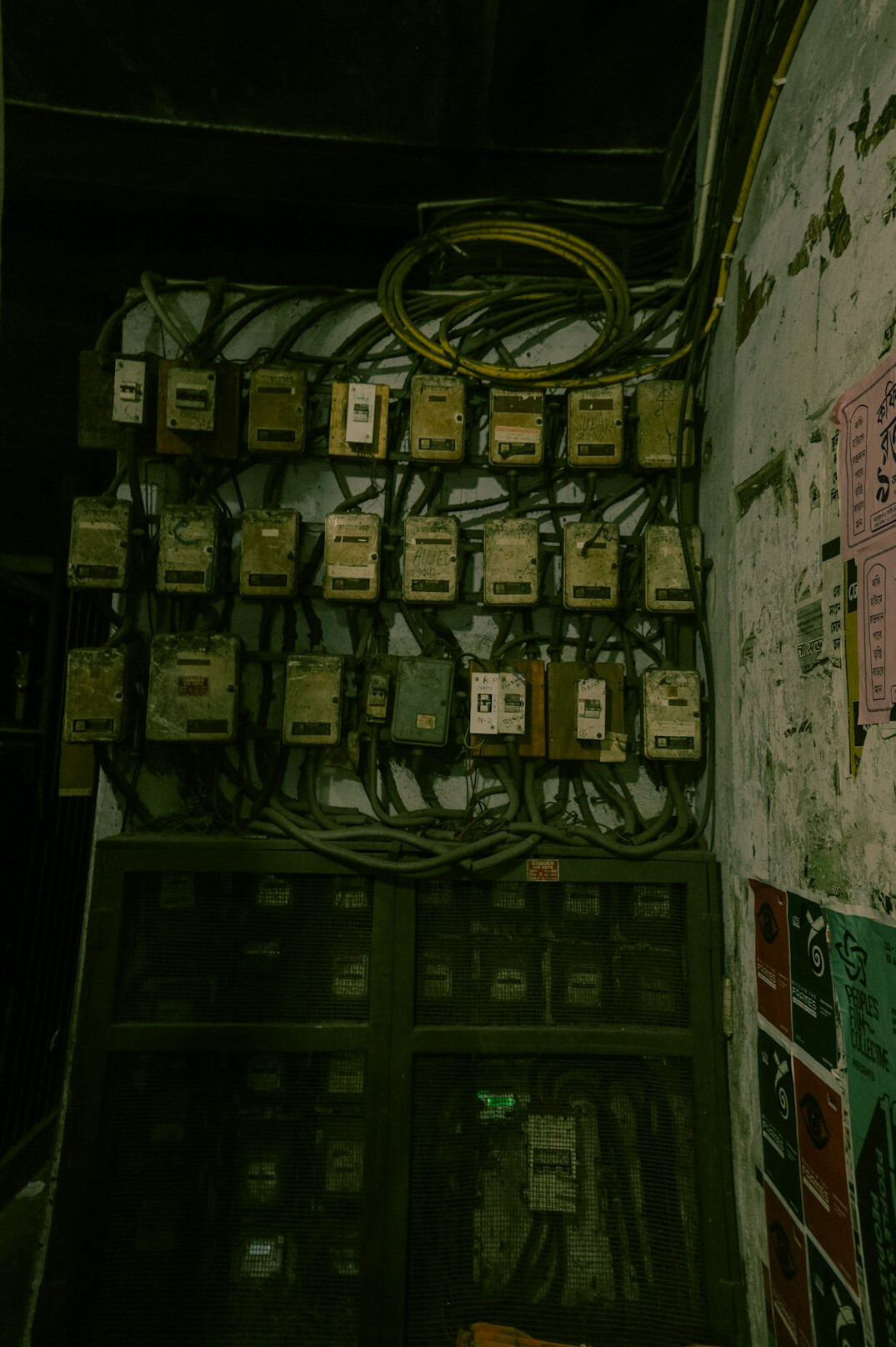 Vintage television control room with rows of monitors